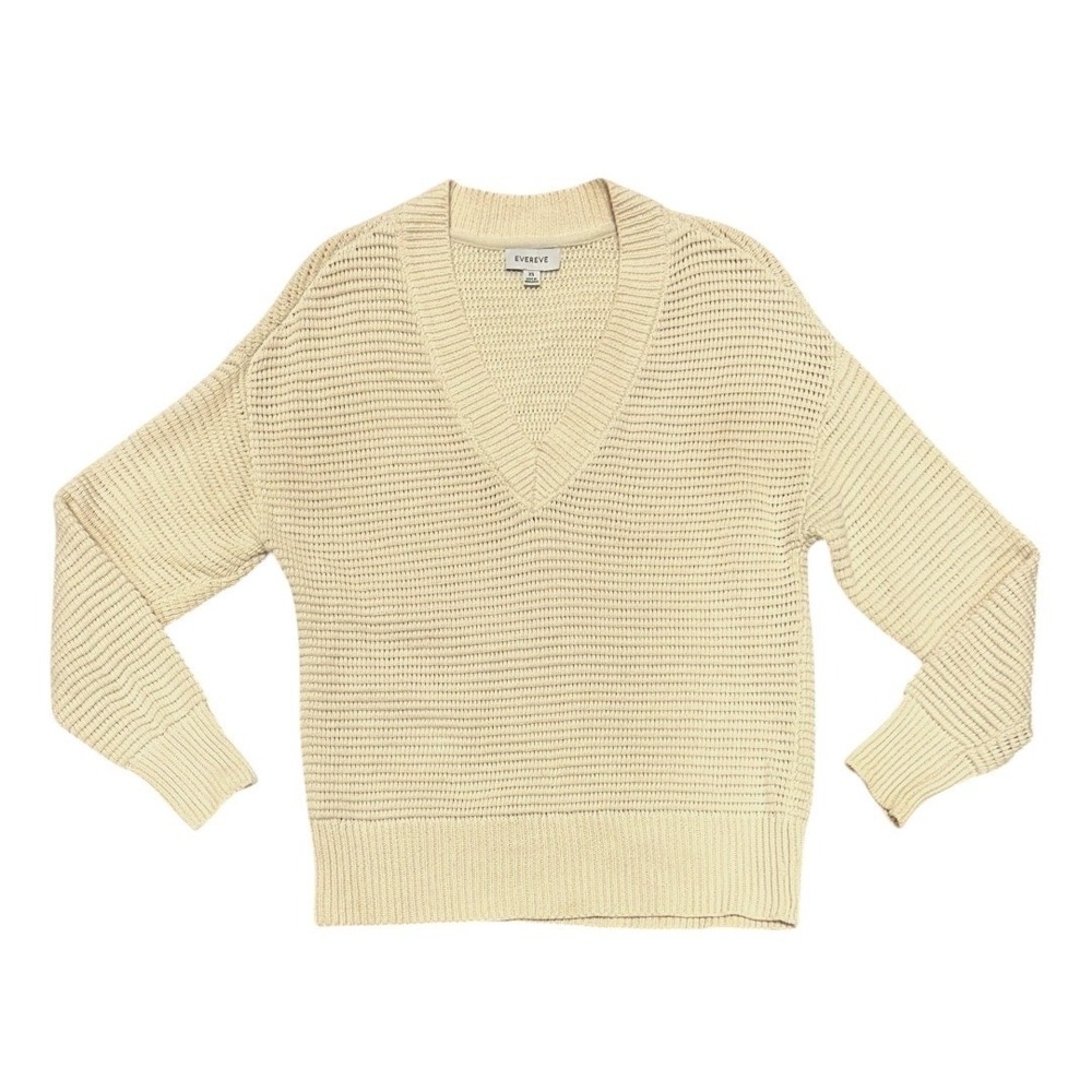 Evereve Ada Cream V Neck Knit Sweater Pullover Long Sleeve Relaxed Fit‎ XS